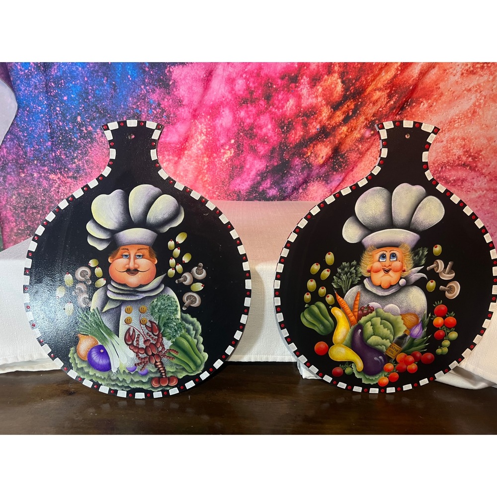 Vintage 90s Hand Painted Chef Cutting Board Wall Plaques Kitchen Art Set of 2